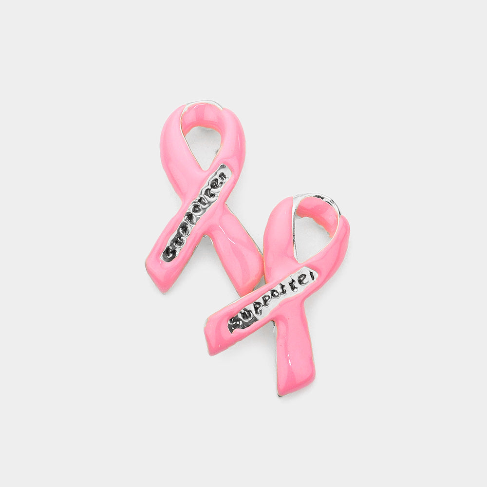 Madeline Love Silver Enamel Pink Ribbon Stud Earrings