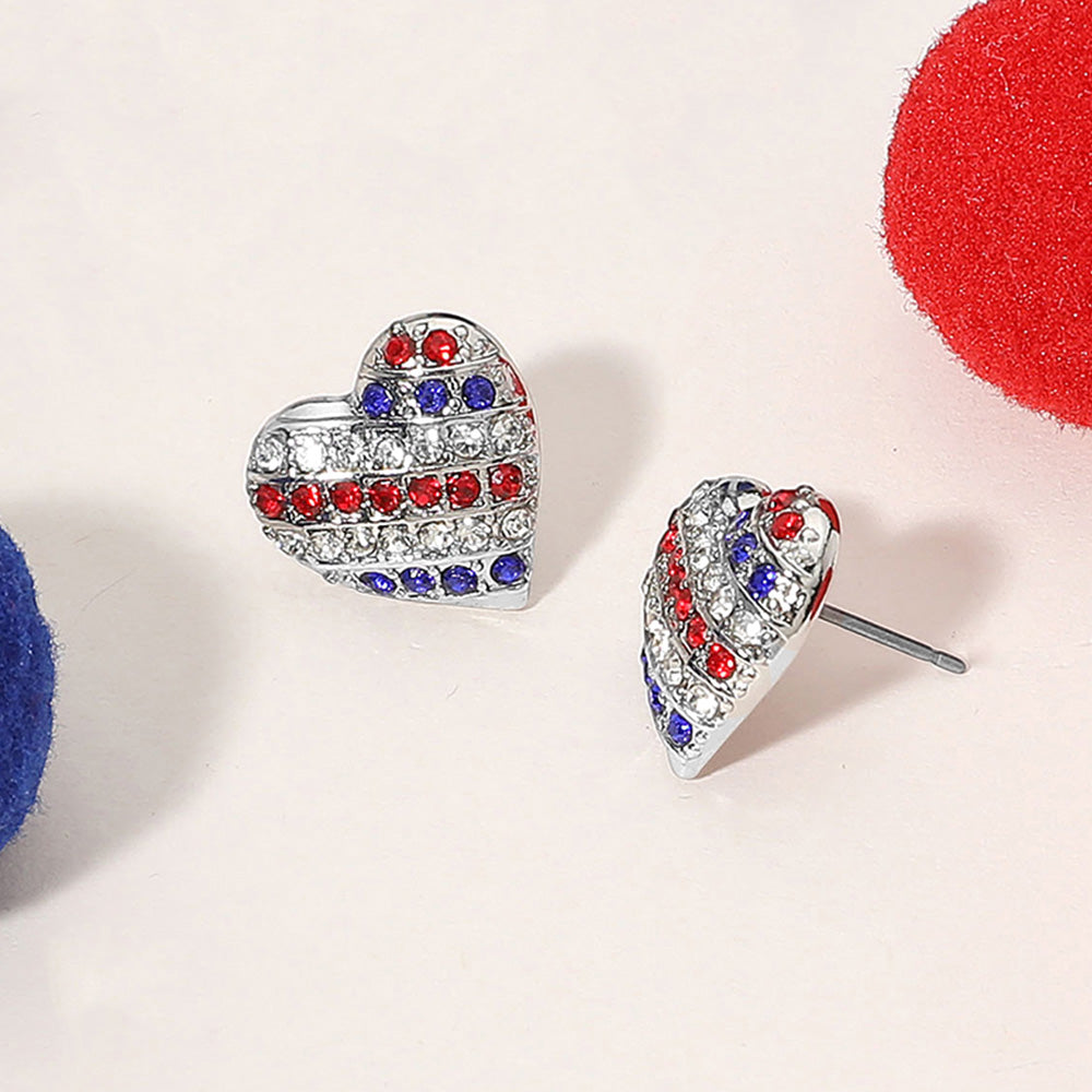Madeline Love Rhodium American USA Flag Colored Stone Paved Heart Stud Earrings