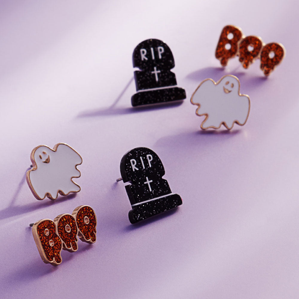 Gold 3Pairs - Halloween Ghost Tombstone BOO Stud Earring Set