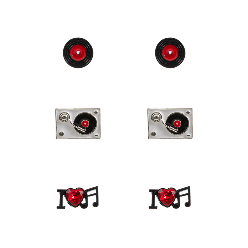 Madeline Love White 3PAIRS - Enamel Turn Table Music Stud Earring Set - Earrings - desc