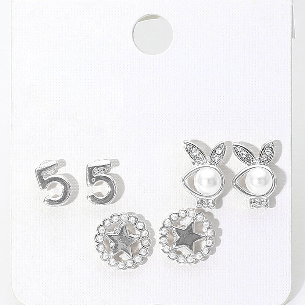 Madeline Love Rhodium 3Pairs - Pearl Playboy bunny star stud earrings