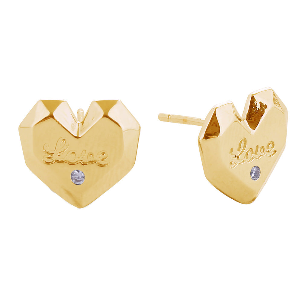 14K Gold Dipped LOVE Message CZ Stone Paved Stud Earrings - Gold - Earrings