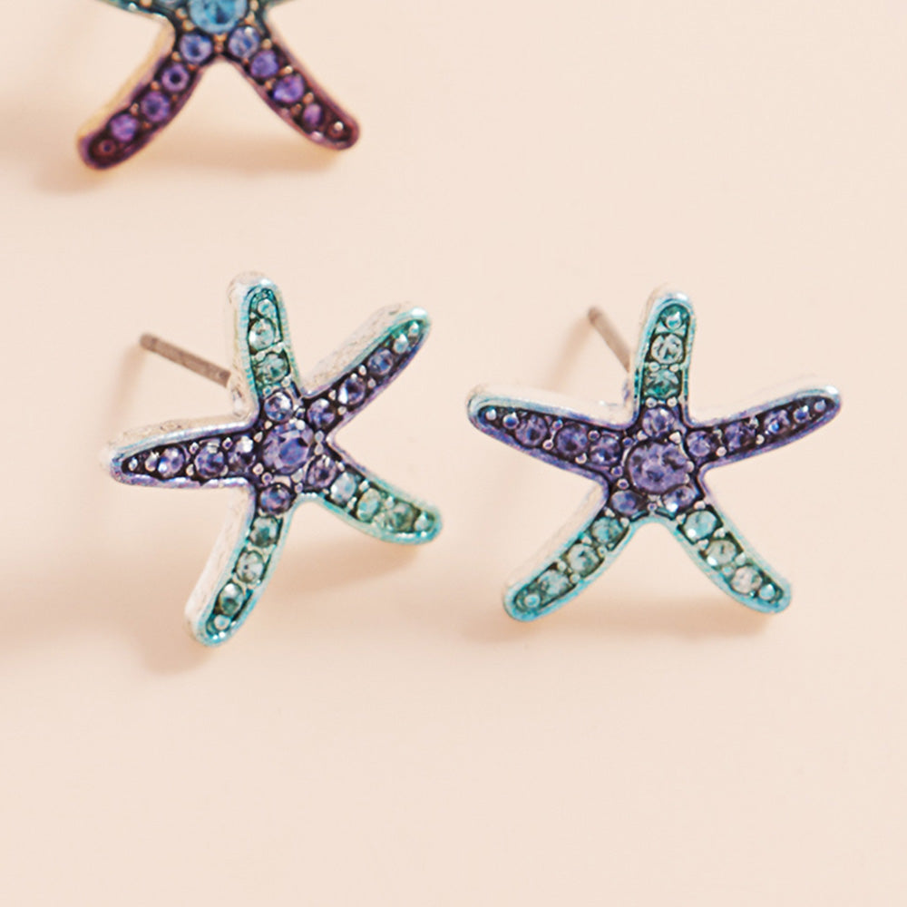 Blue, Silver Stone Paved Colored Metal Starfish Stud Earrings