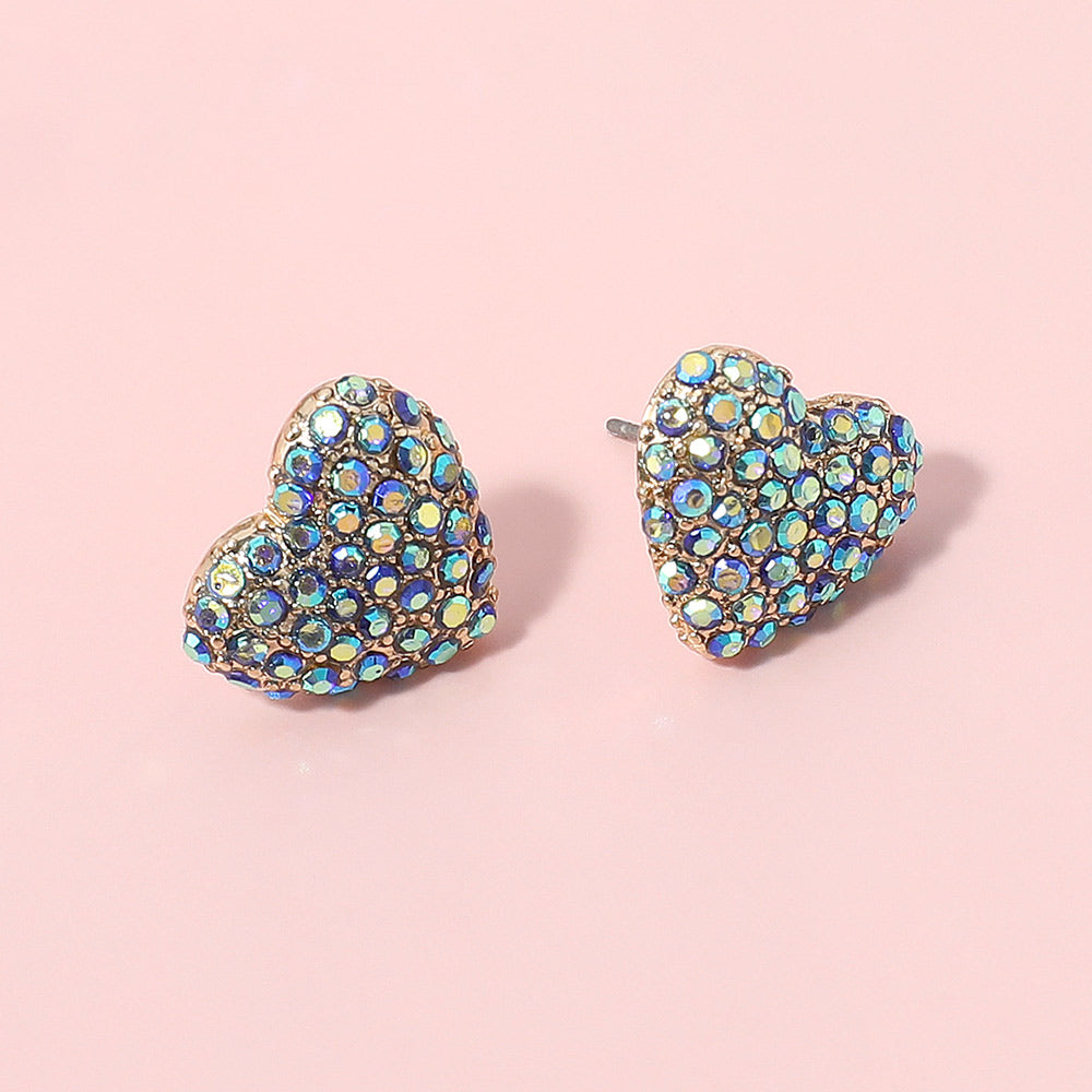 Madeline Love AB, Blue Rhinestone Paved Puffy Heart Stud Earrings