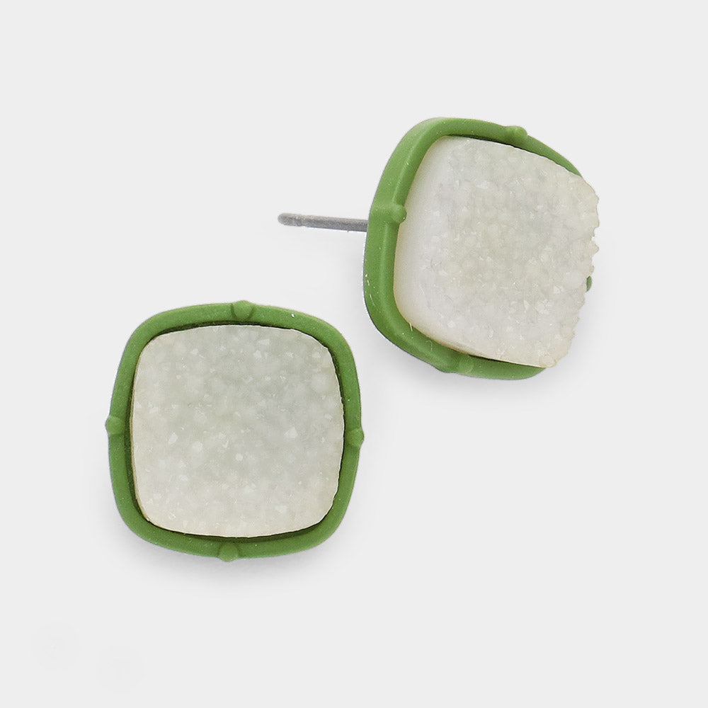 Madeline Love Ivory, Olive Green Druzy Square Stud Earrings