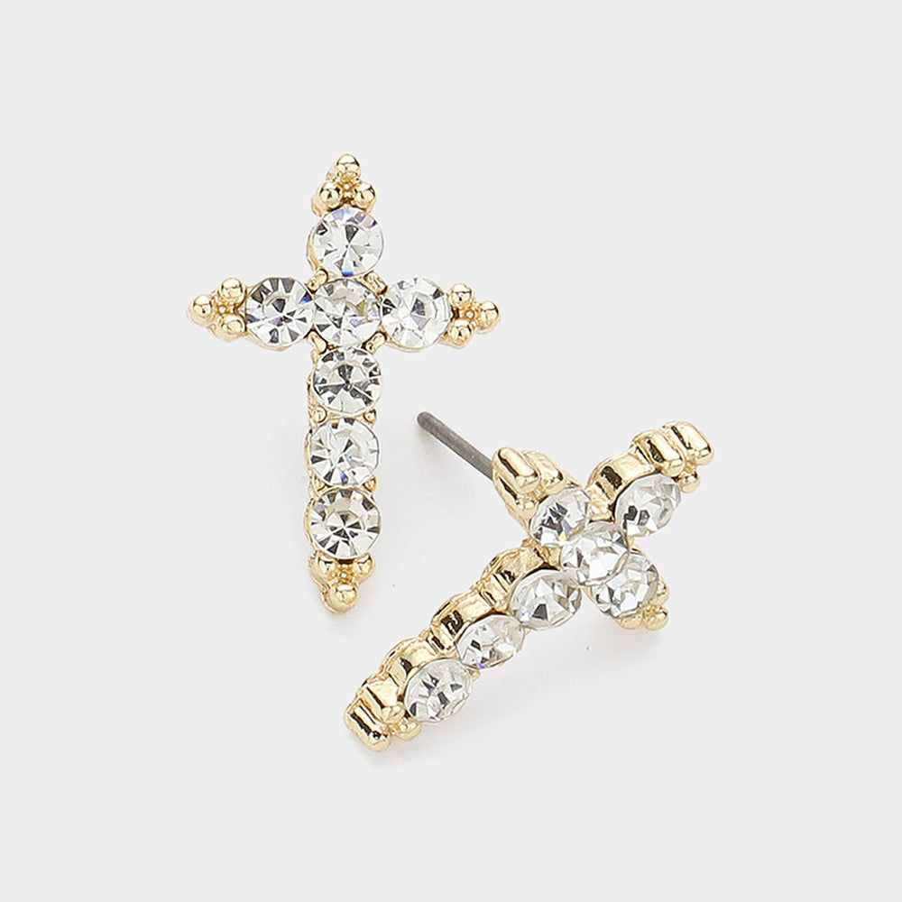 Madeline Love Clear, Gold Stone Paved Cross Stud Earrings