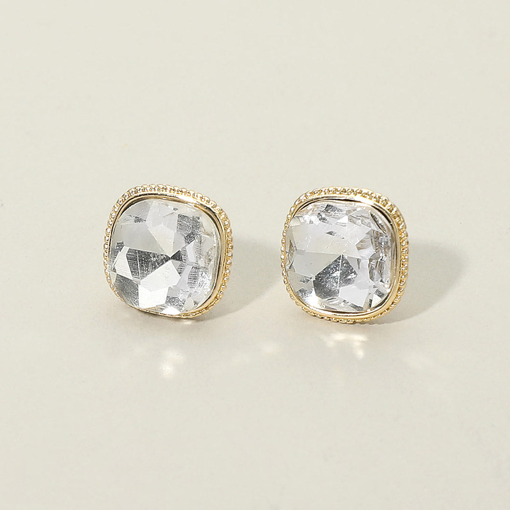 Madeline Love Clear, Gold Cushion-cut Faceted Iridescent Stone Stud Earrings