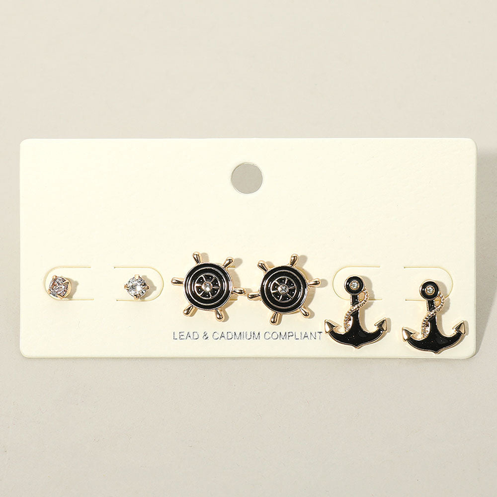 Madeline Love Jet Black 3PCS - Stone Embellished Enamel Ship Wheel Anchor Stud Earring Set - Earrings