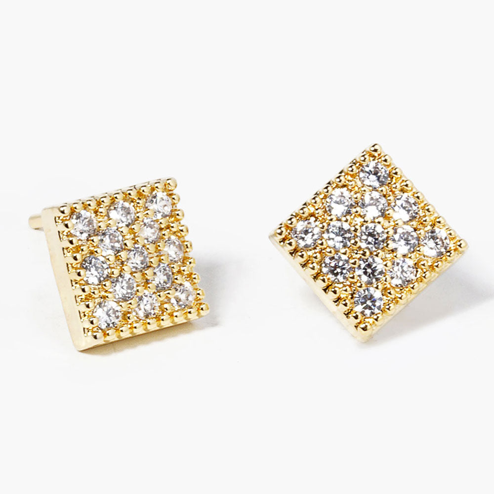 Madeline Love Clear, Gold Gold Dipped CZ Stone Paved Square Mini Stud Earrings