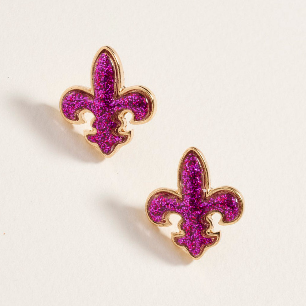 Purple Sequin Mardi Gras Fleur de Lis Stud Earrings