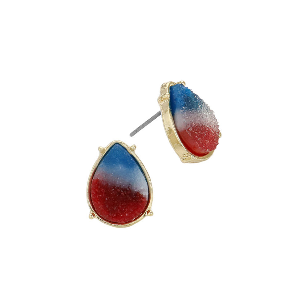 Madeline Love Gold, Multi American USA Flag Theme Druzy Teardrop Stud Earrings - desc