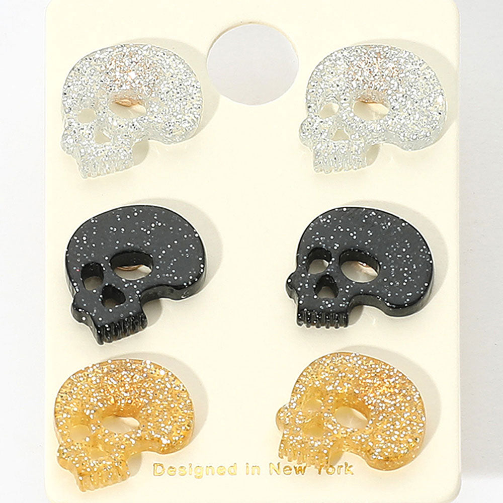 Madeline Love Black, Gold, Silver 3Pairs - Glittered Resin Skull Stud Earring Set - Earrings