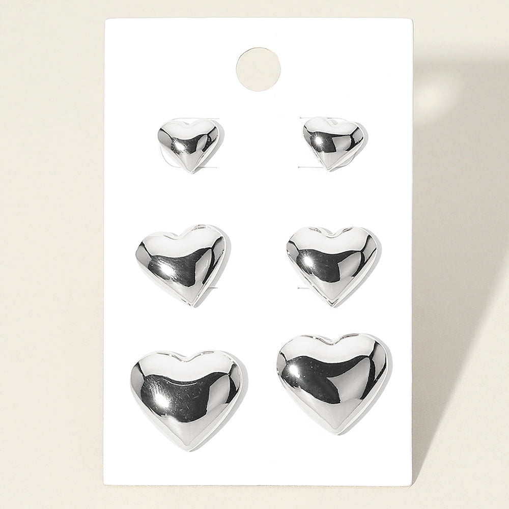 Madeline Love Silver 3Pairs - Metal Heart Stud Earring Set - Earrings