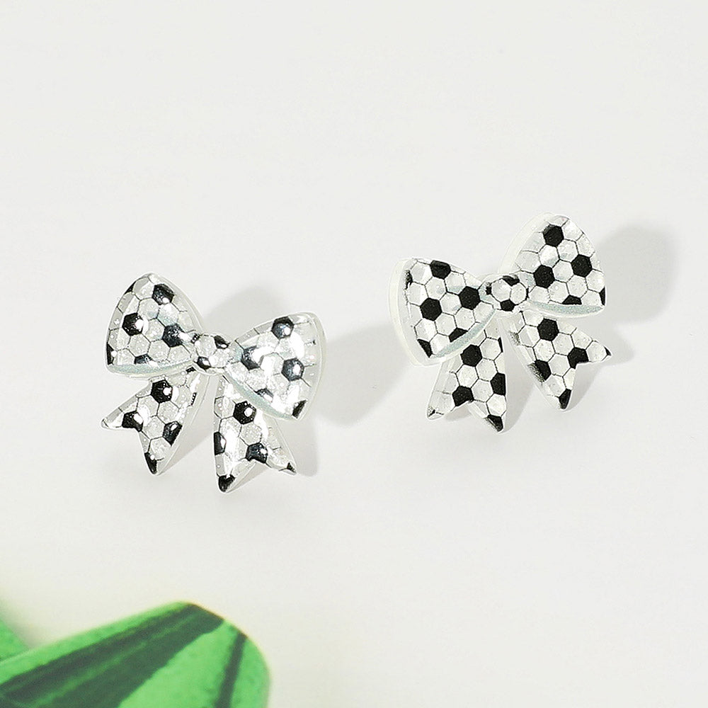Madeline Love Black, White Resin Soccer Bow Stud Earrings - Sports & Events