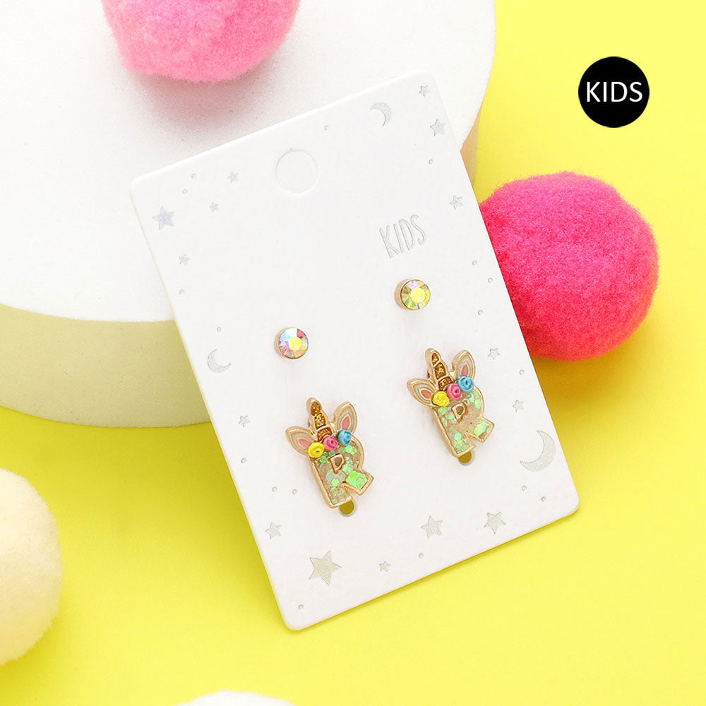 Madeline Love ~R~ 2Pairs - R Round Stone Unicorn Initial Monogram Stud Kids Earrings