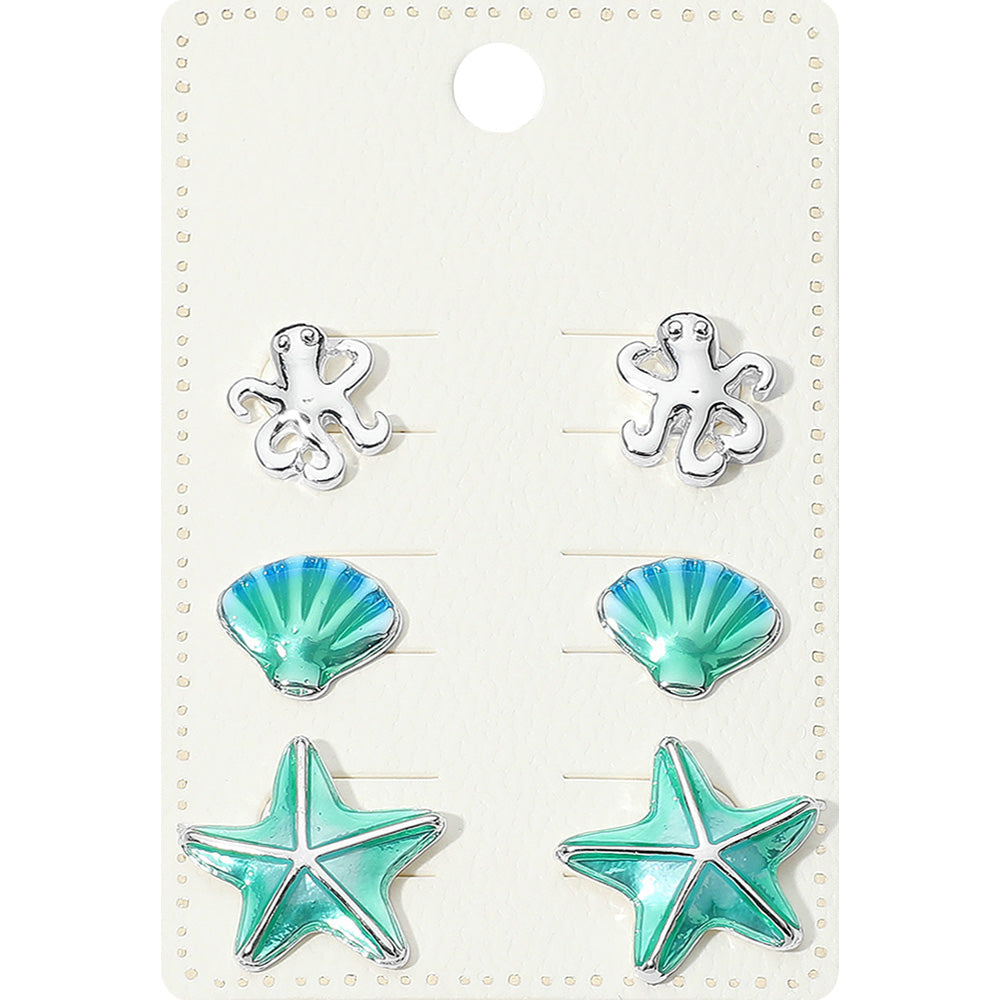 Multi, Silver 3Pairs - Metal Octopus Enamel Seashell Starfish Stud Earring Set