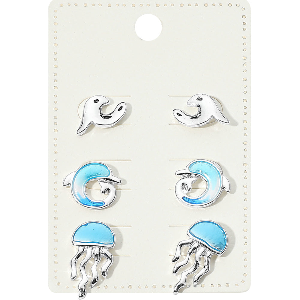 Madeline Love Multi, Silver 3Pairs - Metal Wave Enamel Dolphin Jellyfish Stud Earring Set - Earrings