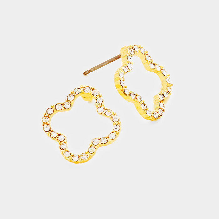 Madeline Love Clear, Gold Stone Trimmed Quatrefoil Clover Stud Earrings