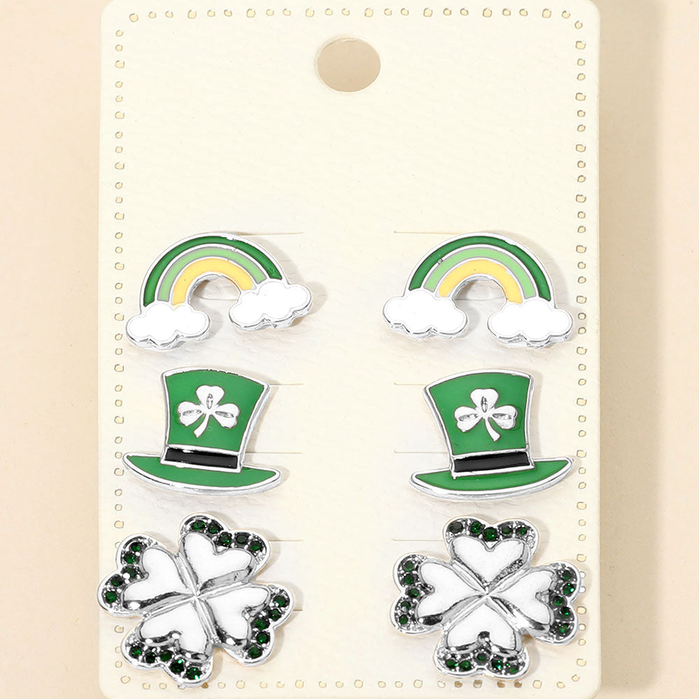Madeline Love Silver 3Pairs - St Patricks Clover Hat Rainbow Stud Earring Set - Earrings