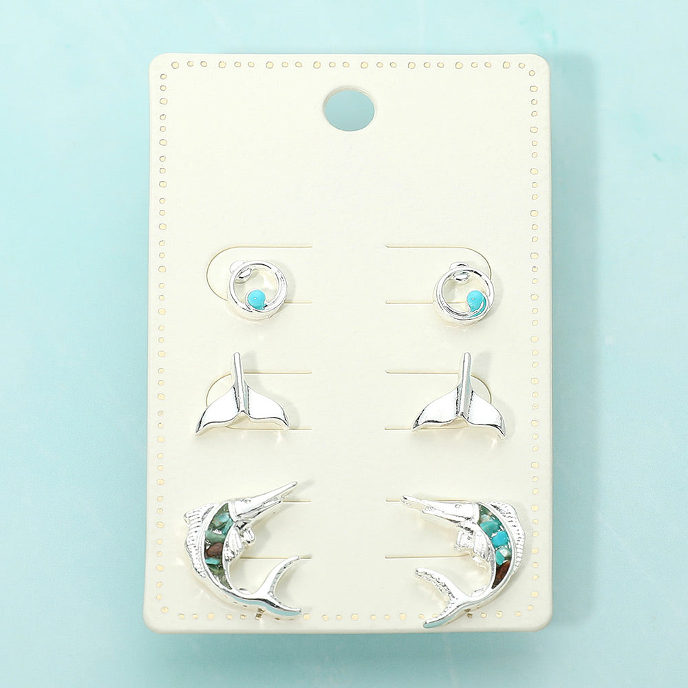 Madeline Love Silver, Turquoise 3Pairs - Whale Tale Fish Stud Earring Set - Earrings