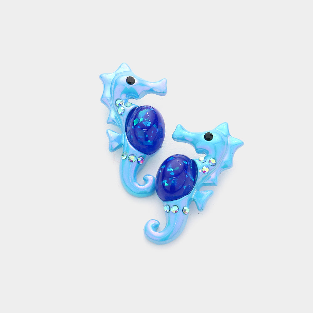 Blue Seahorse Stud Earrings