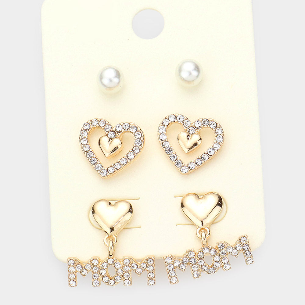 Madeline Love Clear 3Pairs - Pearl Rhinestone Embellished Heart MOM Earrings