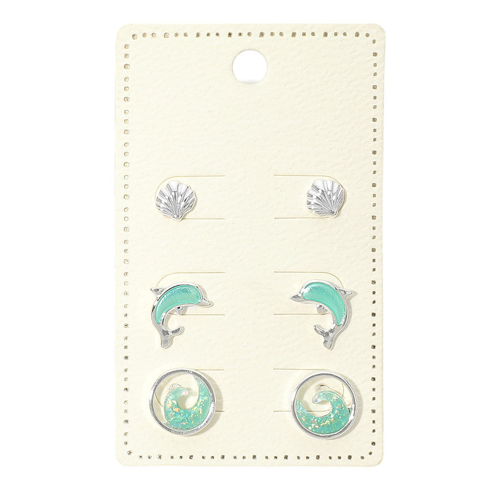 Madeline Love Silver 3Pairs - Ocean Theme Shell Dolphin Wave Stud Earring Set - Earrings - desc