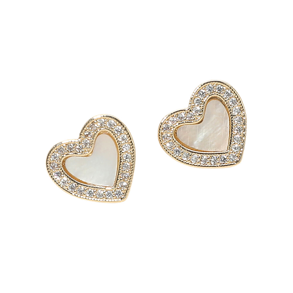 Madeline Love Gold, Mother of Pearl 14K Gold Plated CZ Stone Pave Rim Mother of Pearl Heart Stud Earrings - desc