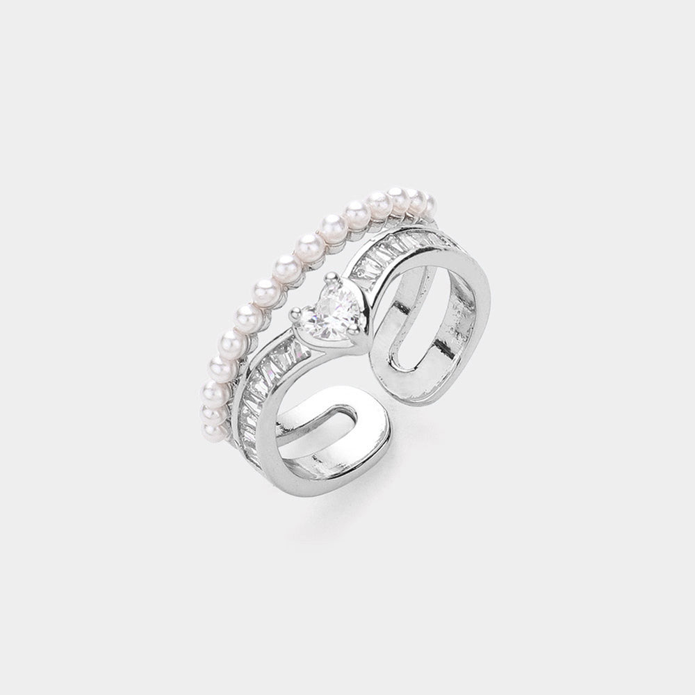 Heart Stone Pointed Pearl Paved Layered Ring - Rhodium
