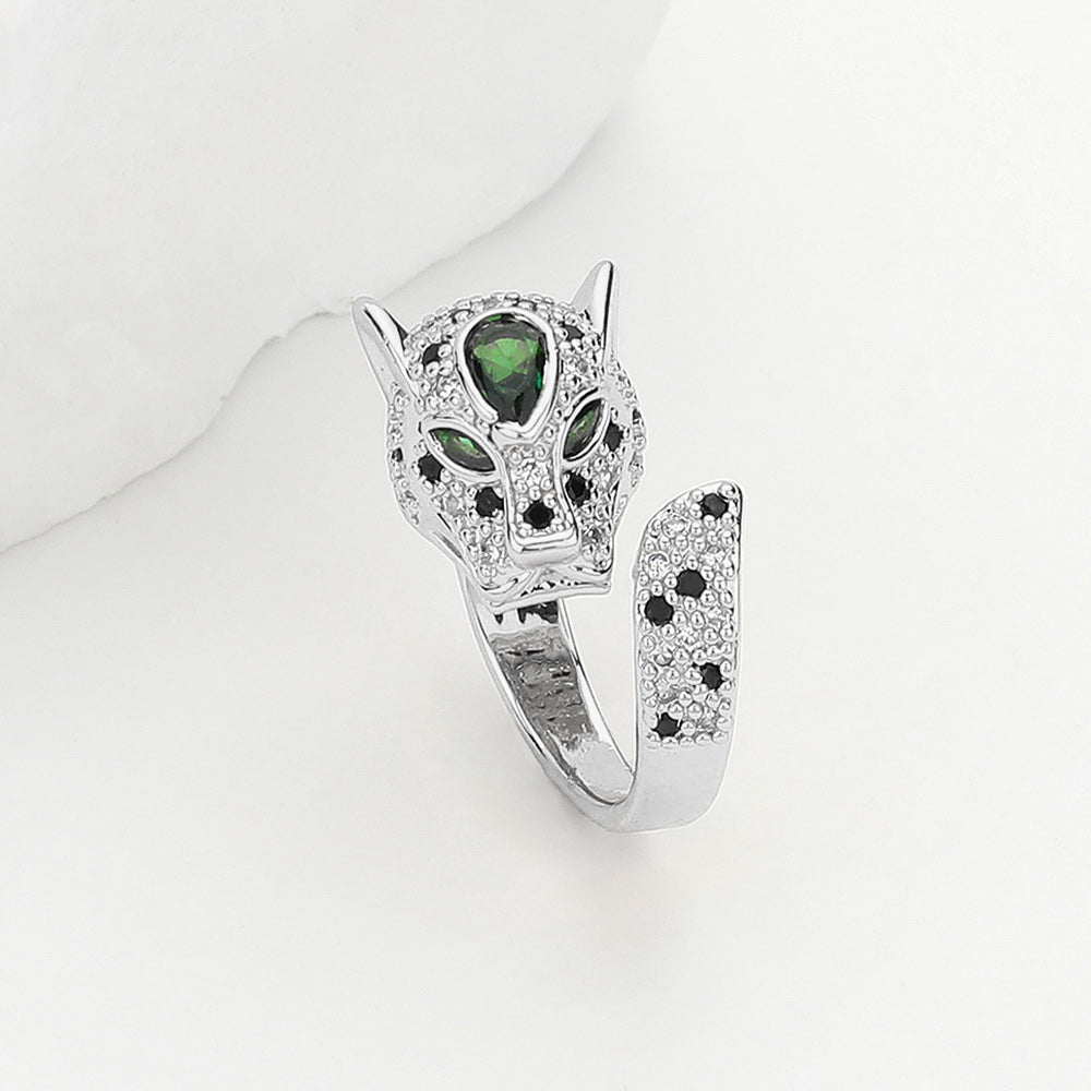 Madeline Love Clear, Rhodium CZ Stone Paved Brass Metal Leopard Ring - Jewelry