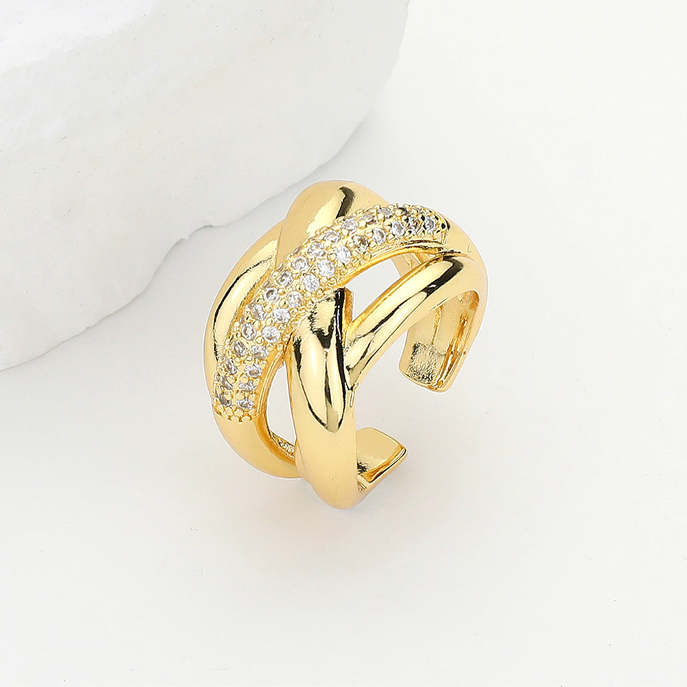 Madeline Love Clear, Gold CZ Stone Paved Brass Metal Crisscross Ring