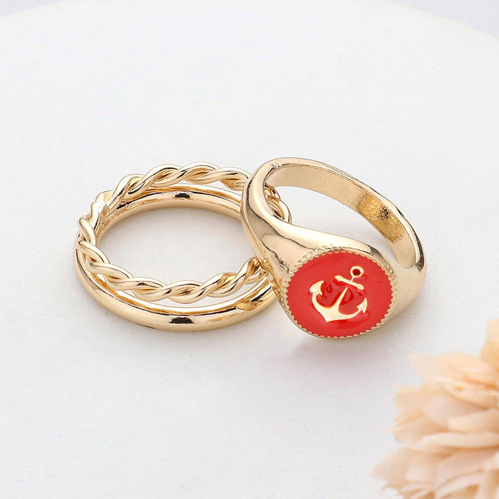 Red 2PCS - Anchor Accented Enamel Round Split Metal Mixed Ring Set
