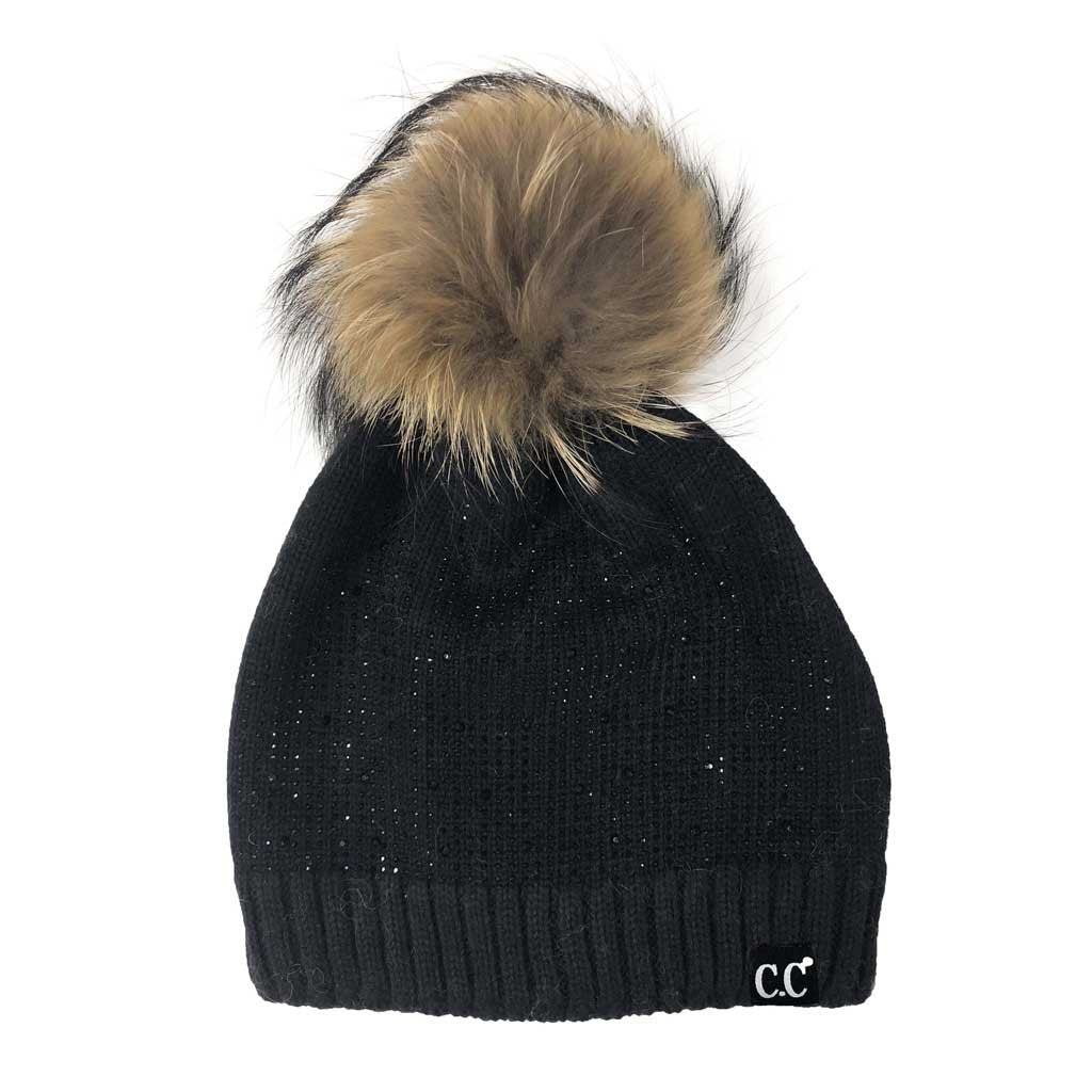 C.C Wool Knitted Beanie With Rhinestones And Real Racoon Fur Pom