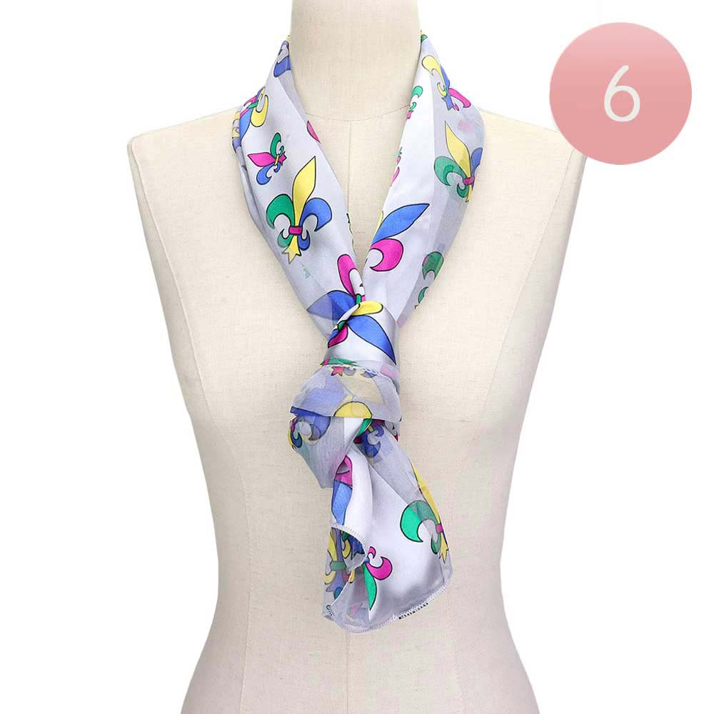 6PCS Silk Satin Mardi Gras Fleur de Lis Patterned Scarves - Silver - Scarves