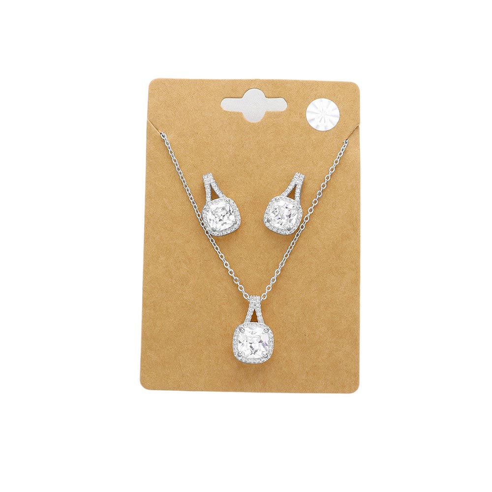 Silver CZ Cushion Square Stone Jewelry Set, add a touch of sophistication to any outfit with this beautiful set. Perfect for enhancing any occasion, this jewelry set will add classic charm and elegance to your look. Gift for birthdays, anniversaries, Mother's Day, Thank you, or any other meaningful occasion.
