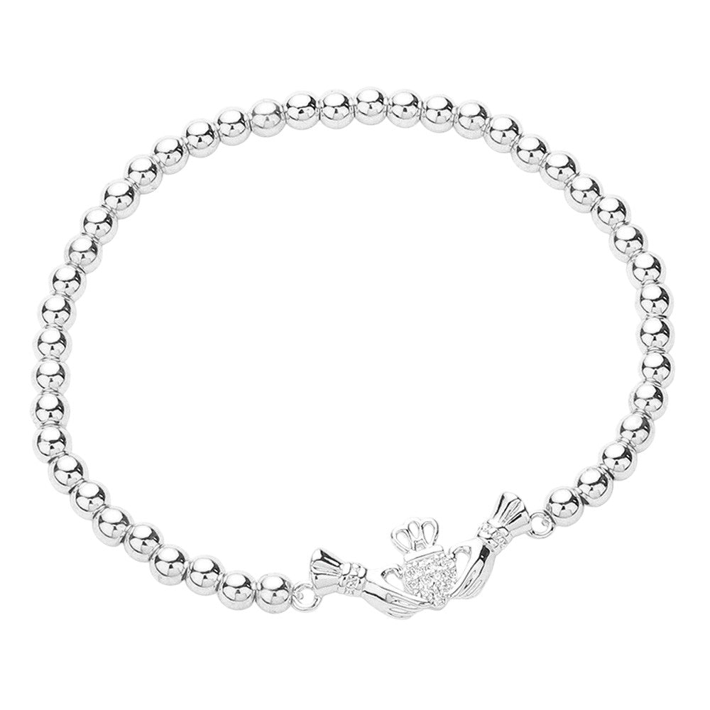 CZ Stone Paved Irish Claddagh Stainless Steel Ball Stretch Bracelet