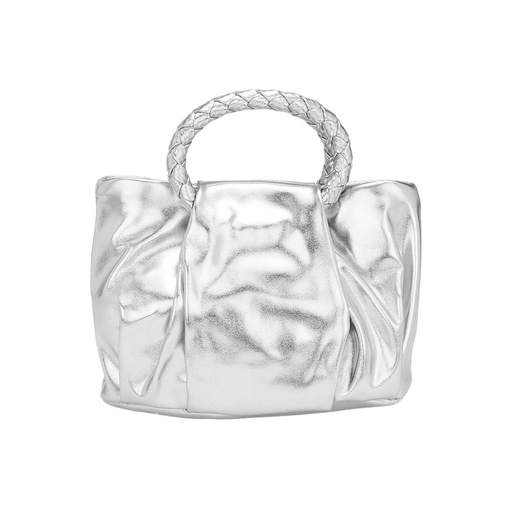 Silver Faux Leather Crossbody Mini Bag, this stylish bag offers a perfect blend of style and practicality. It features a top handle, a stylish crossbody design, magnetic closure, and a luxurious faux leather construction for a fashionable look. Perfect gift for loved ones on any occasion.