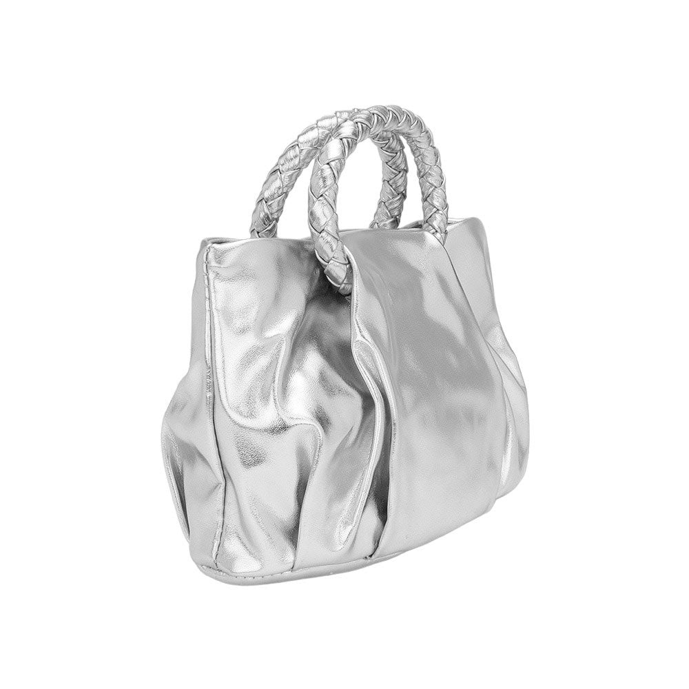 Silver Faux Leather Crossbody Mini Bag, this stylish bag offers a perfect blend of style and practicality. It features a top handle, a stylish crossbody design, magnetic closure, and a luxurious faux leather construction for a fashionable look. Perfect gift for loved ones on any occasion.