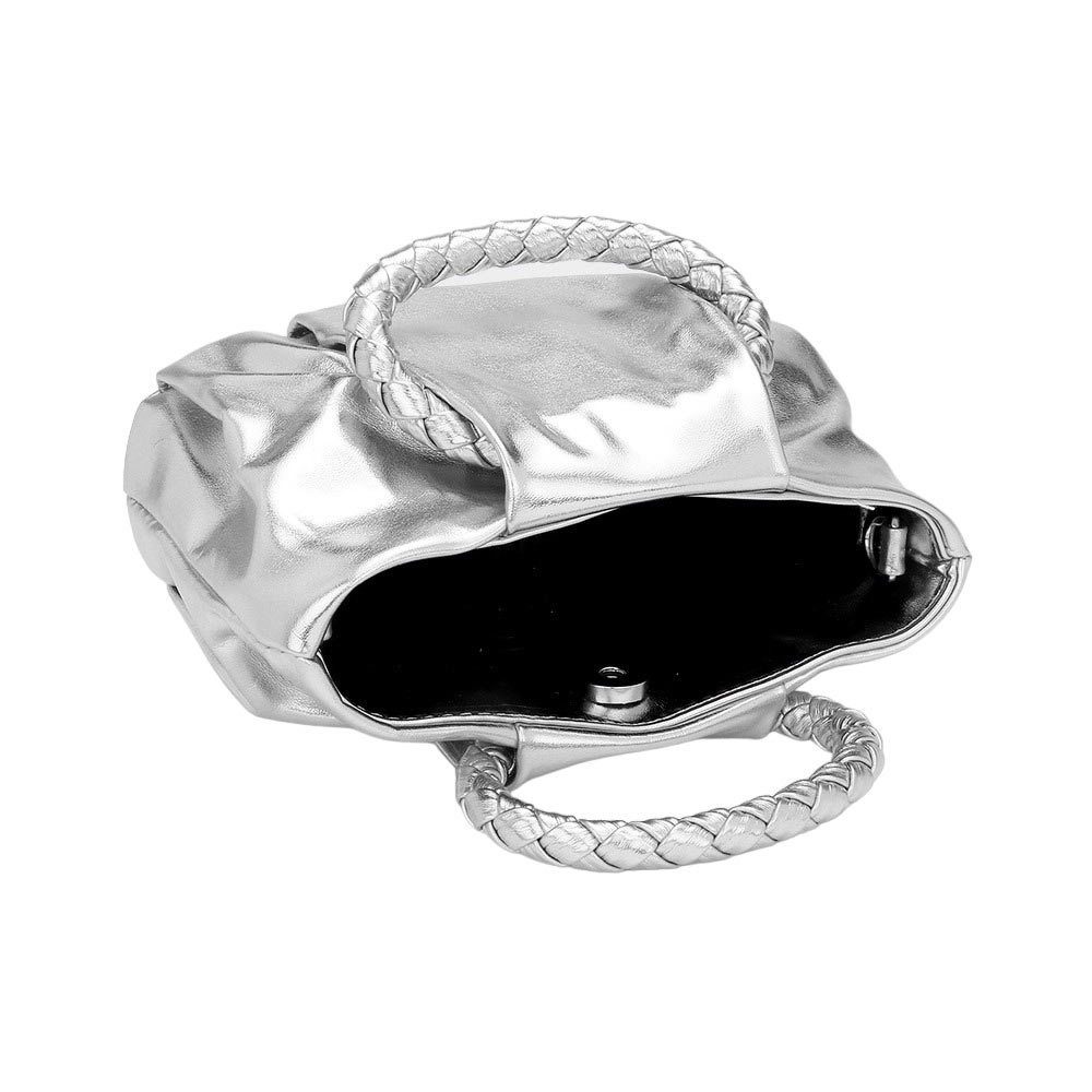 Silver Faux Leather Crossbody Mini Bag, this stylish bag offers a perfect blend of style and practicality. It features a top handle, a stylish crossbody design, magnetic closure, and a luxurious faux leather construction for a fashionable look. Perfect gift for loved ones on any occasion.