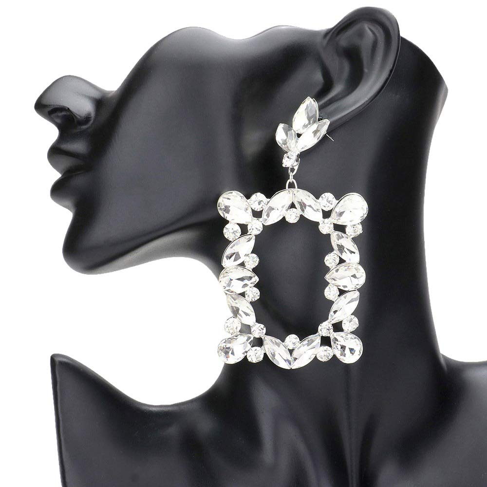 Silver Marquise Round Stone Cluster Open Rectangle Dangle Evening Earrings, Elevate any evening look with stunning earrings. Combining timeless elegance with modern style, these earrings feature a cluster of marquise stones set in an open rectangle design for maximum sparkle. Add a special touch to your wardrobe with these.