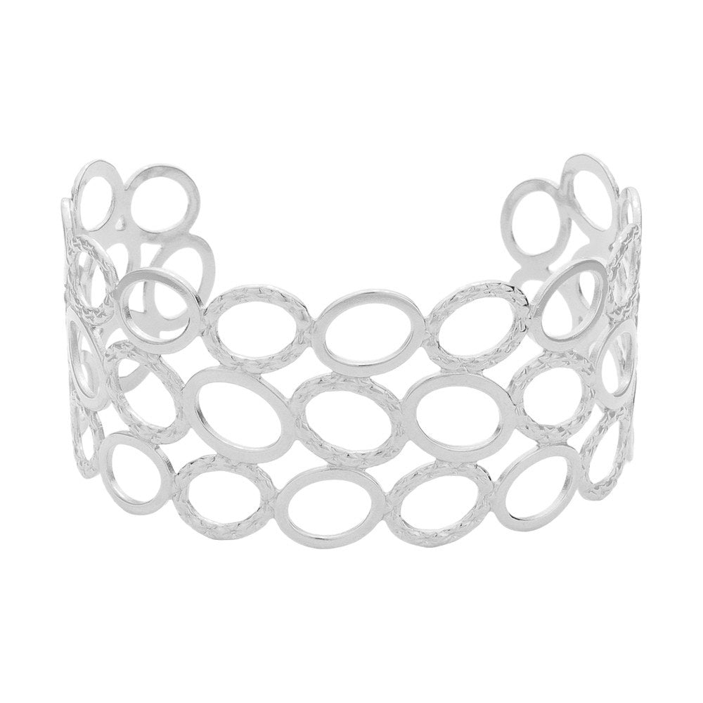 Silver Metal Open Oval Cuff Bracelet. This elegant piece features a unique design and an open oval shape, making it perfect for adding a touch of sophistication to any outfit. Crafted with quality metal, it is durable and comfortable to wear. Elevate your fashion game with this statement piece.