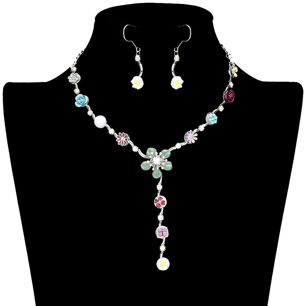 Silver Multi Enamel Flower Stone Embellished Y Choker Jewelry Set, This beautiful set offers a unique eye-catching piece crafted with quality materials for a striking addition to any look. The set is adorned with bright enamel flowers and glimmering stones for a chic and elegant look. Wear it and dazzle on any special occasion.