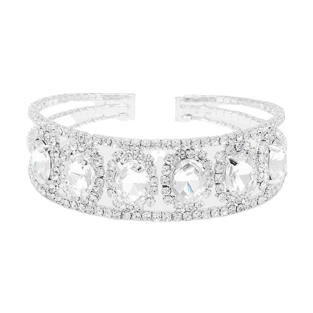 Silver Oval Stone Accented Cuff Evening Bracelet, Crafted in quality materials, it features an oval-shaped stone accented by cuff design and is perfect for any special occasion. Wear it for special or casual events with friends. Perfect gift for birthdays, weddings, bridal showers, anniversaries, or any other special day.