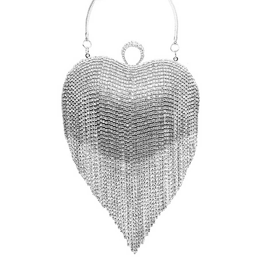 Silver Rhinestone Fringe Heart Evening Tote Clutch Crossbody Bag, This high quality Clutch Bag is both unique and stylish. perfect for money, credit cards, keys or coins, comes with a wristlet for easy carrying, light and simple. Look like the ultimate fashionista carrying this trendy Rhinestone Fringe Heart Clutch Bag!