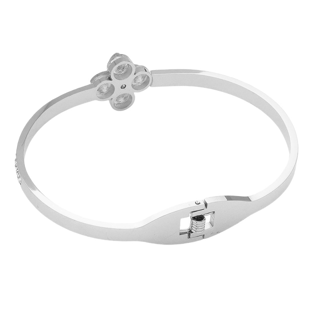Silver Stainless Steel CZ Stone Clover Pointed Hinged Bangle Bracelet, expertly crafted for durability and elegance. The hinged design allows for easy wear and the clover and CZ stone accents add a touch of sophistication. Elevate any outfit with this timeless accessory.