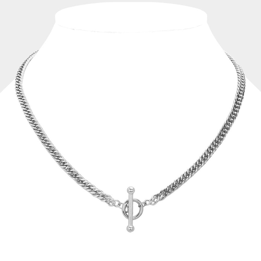 Silver Stainless Steel Chain Toggle Necklace is crafted from strong and durable stainless steel. The toggle clasp adds a touch of sophistication and security, making it a perfect accessory for any occasion. Its high-quality material ensures long-lasting wear, making it a great investment for your jewelry collection.