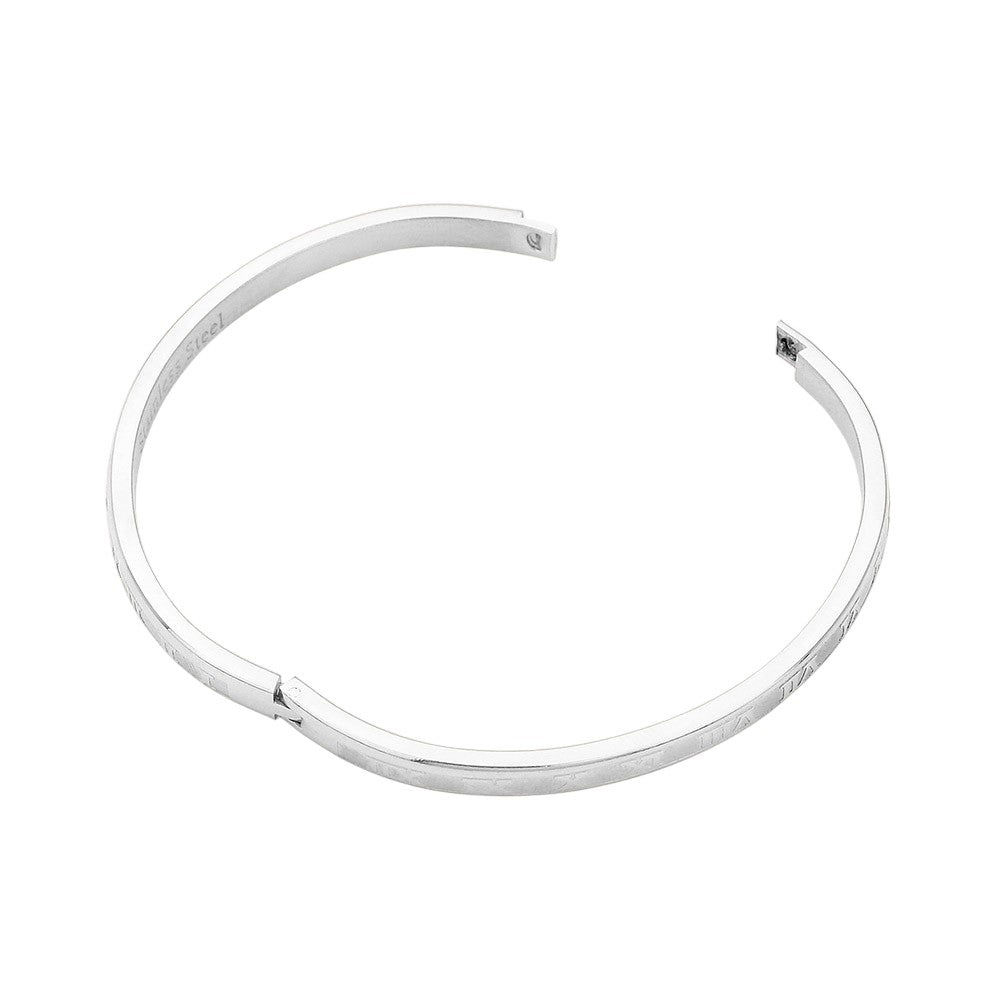 Silver Stainless Steel Roman Numerals Hinged Bangle Bracelet combines timeless style with durable materials. Crafted from stainless steel, this bracelet features Roman numerals for a classic touch. The hinged design allows for easy on and off, making it the perfect accessory for any outfit.