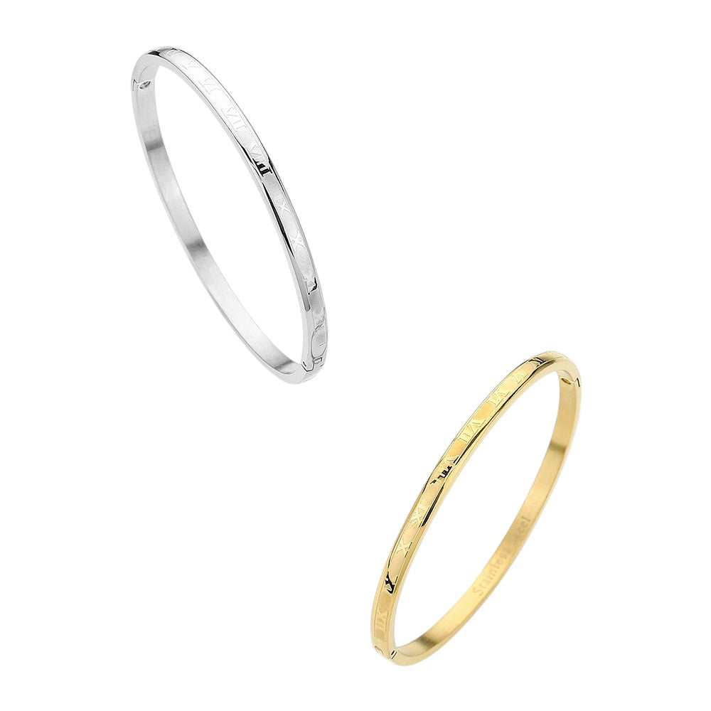Silver Stainless Steel Roman Numerals Hinged Bangle Bracelet combines timeless style with durable materials. Crafted from stainless steel, this bracelet features Roman numerals for a classic touch. The hinged design allows for easy on and off, making it the perfect accessory for any outfit.