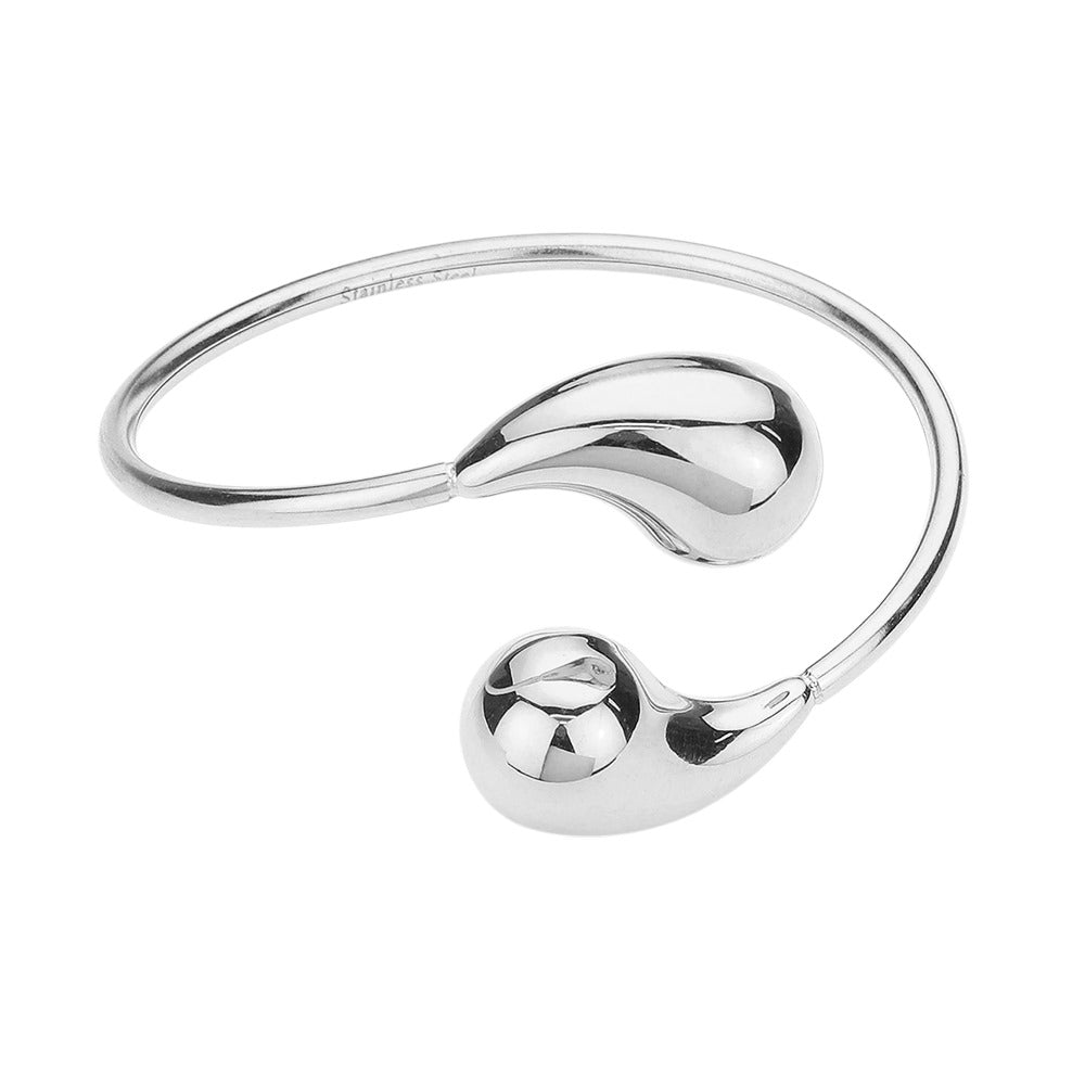 Silver Stainless steel teardrop tip wire bangle bracelet offers a sleek and modern design, perfect for any outfit. Made with durable materials, it is both stylish and long-lasting. Add a touch of elegance to your wardrobe with this stunning bracelet.
