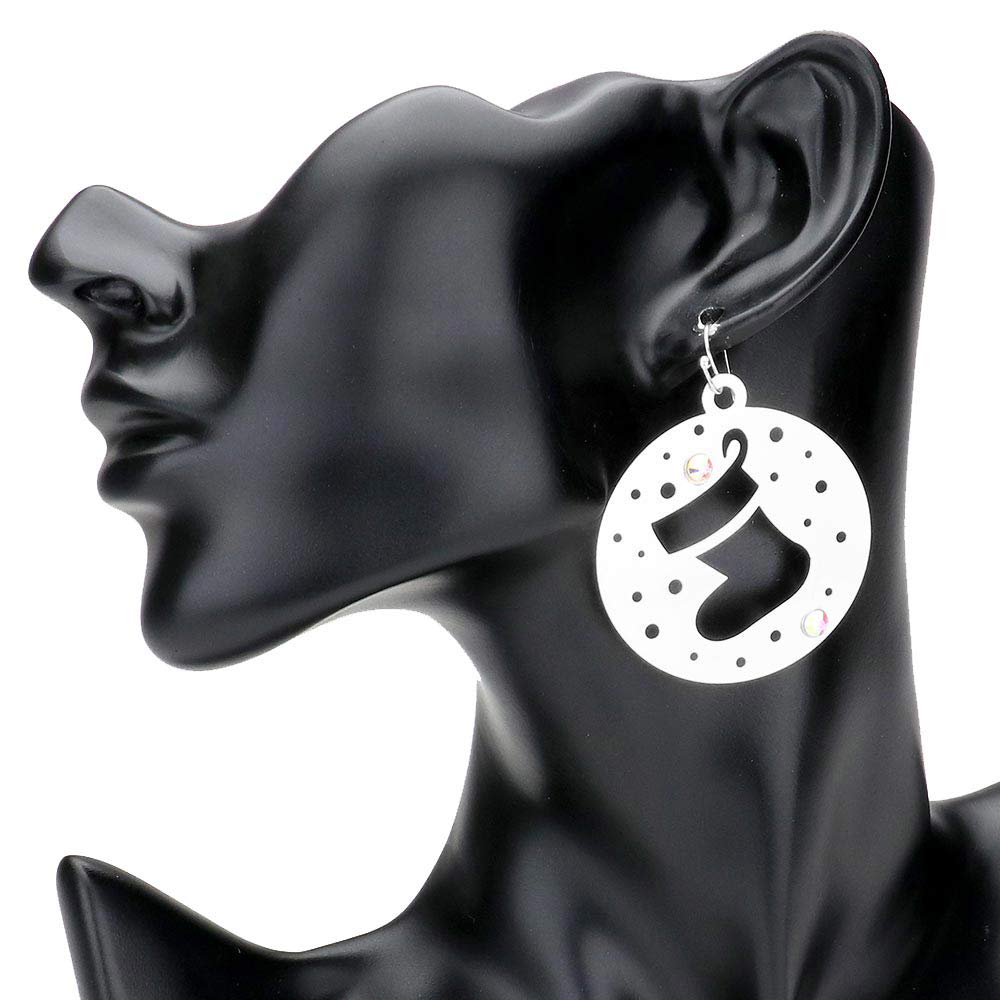 Silver-Stone Embellished Cut Out Christmas Socks Brass Metal Round Dangle Earrings.Metal Round Dangle Earrings are Perfect for the holiday season. Made with brass metal, they feature a festive cut-out Christmas sock design and sparkling stone embellishments. The round dangle design adds a touch of elegance to any outfit-1